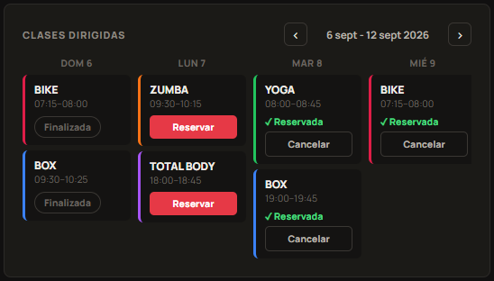 Calendario semanal de clases dirigidas con reservas desde el portal del socio