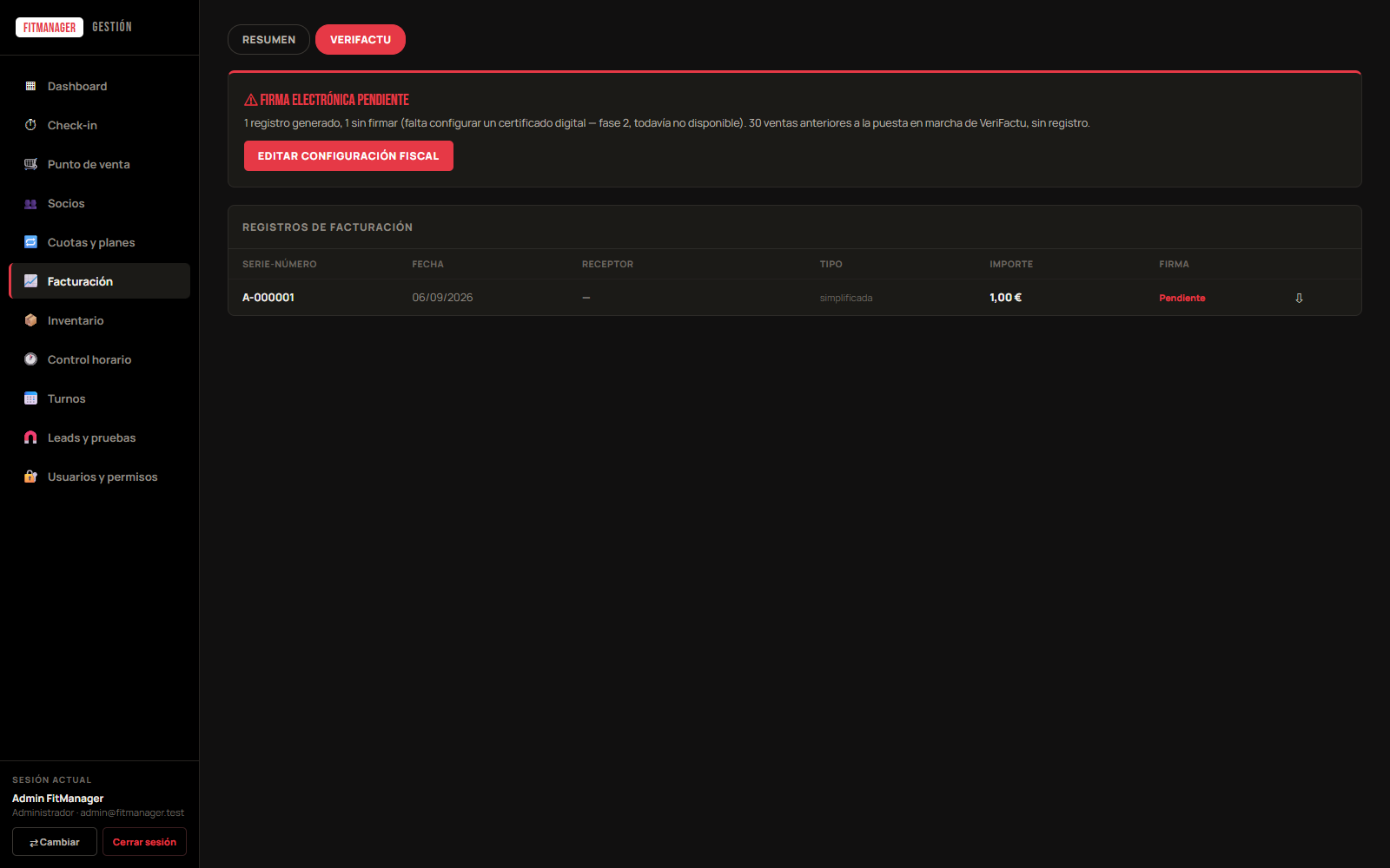 Panel de cumplimiento VeriFactu con registros de facturación